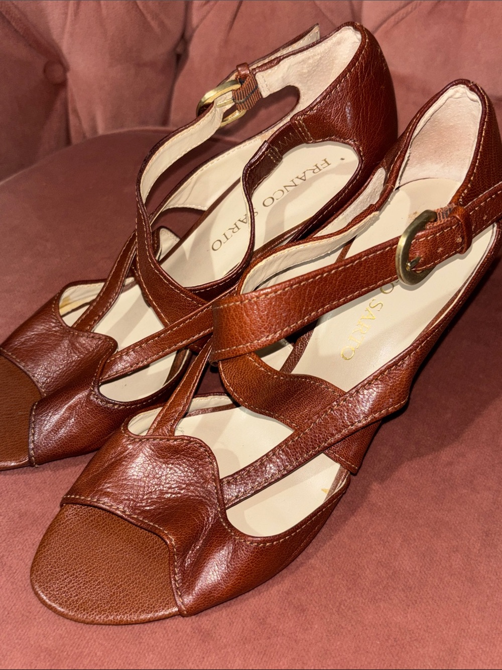 Franco Sarto heels open toe strappy leather wooden narrow wedge women’s 8.5 - Picture 10 of 16